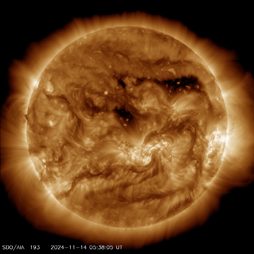 Most recent picture of the sun; taken by the Solar Dynamics Observatory - Channel: 'AIA 0193'

"This channel highlights the outer atmosphere of the Sun - called the corona - as well as hot flare plasma.
Hot active regions, solar flares, and coronal mass ejections will appear bright here.
The dark areas - called coronal holes - are places where very little radiation is emitted, yet are the main source of solar wind particles."

Image courtesy of NASA/SDO (Solar Dynamics Observatory) and the AIA, EVE, and HMI science teams.
https://sdo.gsfc.nasa.gov/assets/img/latest/latest_1024_0193.jpg