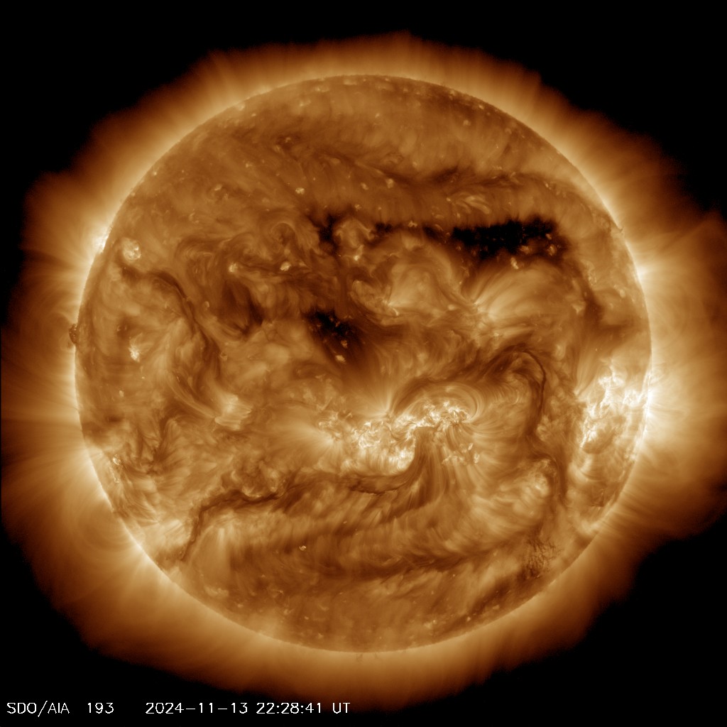 Most recent picture of the sun; taken by the Solar Dynamics Observatory - Channel: 'AIA 0193'

"This channel highlights the outer atmosphere of the Sun - called the corona - as well as hot flare plasma.
Hot active regions, solar flares, and coronal mass ejections will appear bright here.
The dark areas - called coronal holes - are places where very little radiation is emitted, yet are the main source of solar wind particles."

Image courtesy of NASA/SDO (Solar Dynamics Observatory) and the AIA, EVE, and HMI science teams.
https://sdo.gsfc.nasa.gov/assets/img/latest/latest_1024_0193.jpg