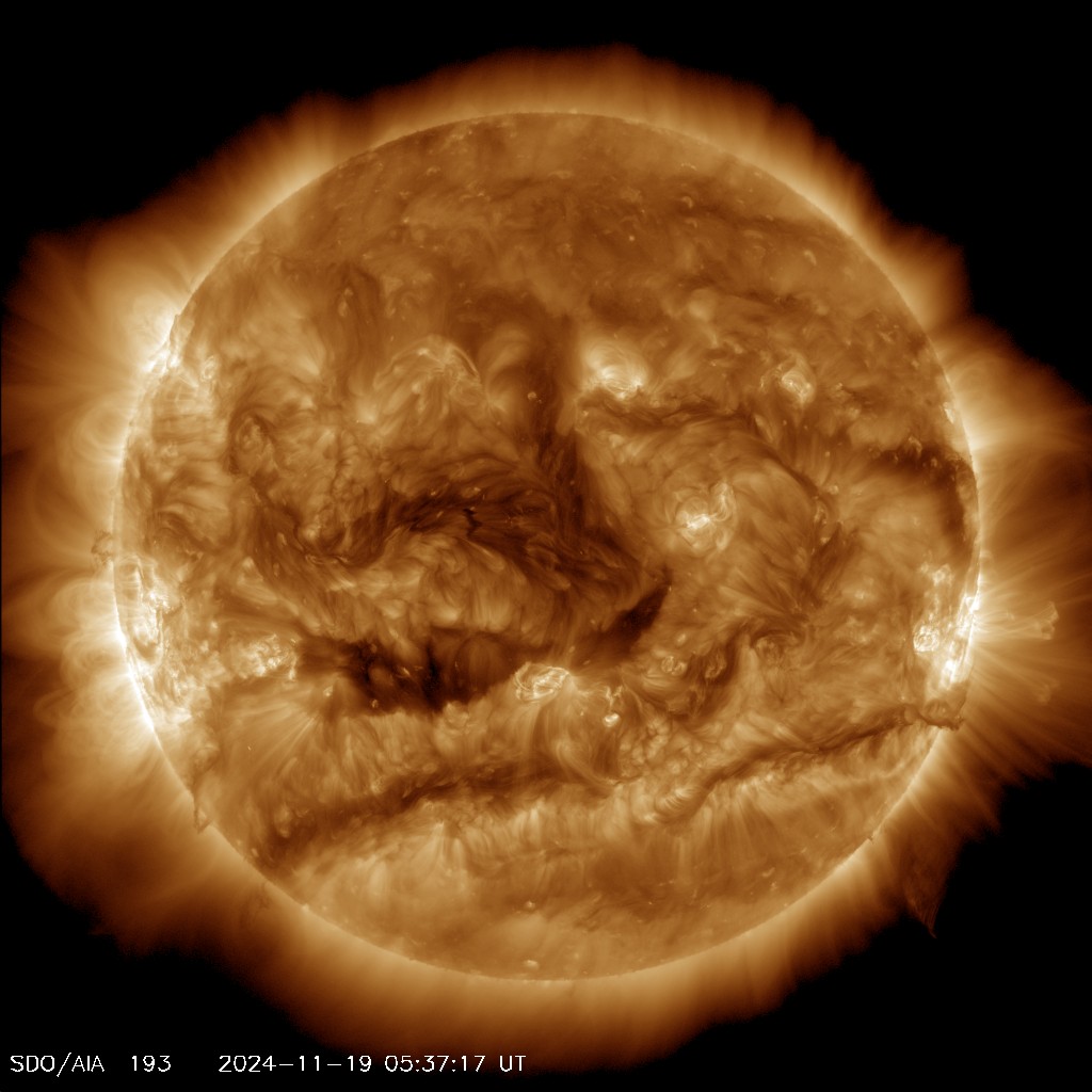 Most recent picture of the sun; taken by the Solar Dynamics Observatory - Channel: 'AIA 0193'

"This channel highlights the outer atmosphere of the Sun - called the corona - as well as hot flare plasma.
Hot active regions, solar flares, and coronal mass ejections will appear bright here.
The dark areas - called coronal holes - are places where very little radiation is emitted, yet are the main source of solar wind particles."

Image courtesy of NASA/SDO (Solar Dynamics Observatory) and the AIA, EVE, and HMI science teams.
https://sdo.gsfc.nasa.gov/assets/img/latest/latest_1024_0193.jpg