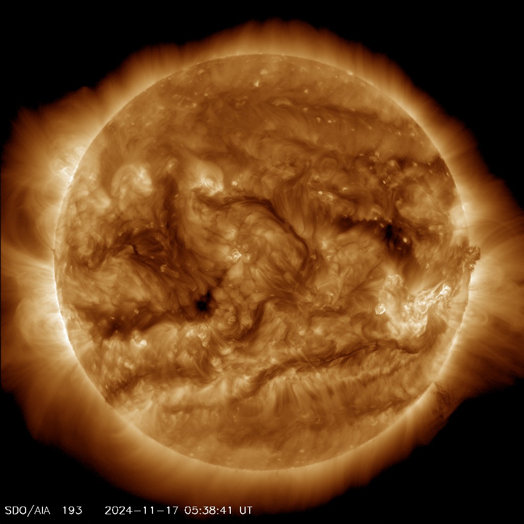 Most recent picture of the sun; taken by the Solar Dynamics Observatory - Channel: 'AIA 0193'

"This channel highlights the outer atmosphere of the Sun - called the corona - as well as hot flare plasma.
Hot active regions, solar flares, and coronal mass ejections will appear bright here.
The dark areas - called coronal holes - are places where very little radiation is emitted, yet are the main source of solar wind particles."

Image courtesy of NASA/SDO (Solar Dynamics Observatory) and the AIA, EVE, and HMI science teams.
https://sdo.gsfc.nasa.gov/assets/img/latest/latest_1024_0193.jpg