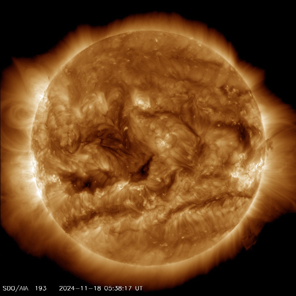 Most recent picture of the sun; taken by the Solar Dynamics Observatory - Channel: 'AIA 0193'

"This channel highlights the outer atmosphere of the Sun - called the corona - as well as hot flare plasma.
Hot active regions, solar flares, and coronal mass ejections will appear bright here.
The dark areas - called coronal holes - are places where very little radiation is emitted, yet are the main source of solar wind particles."

Image courtesy of NASA/SDO (Solar Dynamics Observatory) and the AIA, EVE, and HMI science teams.
https://sdo.gsfc.nasa.gov/assets/img/latest/latest_1024_0193.jpg