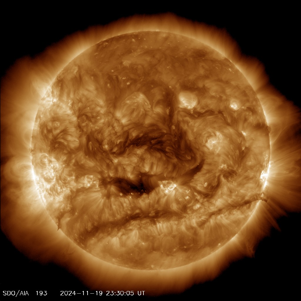 Most recent picture of the sun; taken by the Solar Dynamics Observatory - Channel: 'AIA 0193'

"This channel highlights the outer atmosphere of the Sun - called the corona - as well as hot flare plasma.
Hot active regions, solar flares, and coronal mass ejections will appear bright here.
The dark areas - called coronal holes - are places where very little radiation is emitted, yet are the main source of solar wind particles."

Image courtesy of NASA/SDO (Solar Dynamics Observatory) and the AIA, EVE, and HMI science teams.
https://sdo.gsfc.nasa.gov/assets/img/latest/latest_1024_0193.jpg