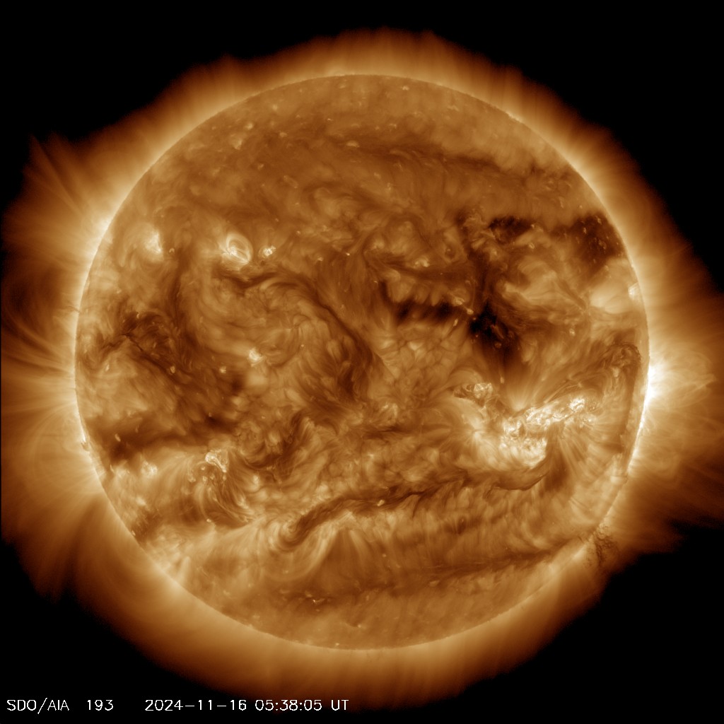 Most recent picture of the sun; taken by the Solar Dynamics Observatory - Channel: 'AIA 0193'

"This channel highlights the outer atmosphere of the Sun - called the corona - as well as hot flare plasma.
Hot active regions, solar flares, and coronal mass ejections will appear bright here.
The dark areas - called coronal holes - are places where very little radiation is emitted, yet are the main source of solar wind particles."

Image courtesy of NASA/SDO (Solar Dynamics Observatory) and the AIA, EVE, and HMI science teams.
https://sdo.gsfc.nasa.gov/assets/img/latest/latest_1024_0193.jpg