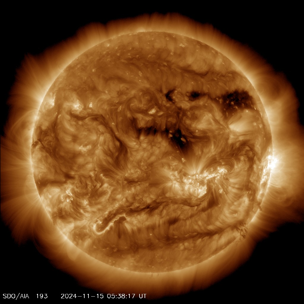 Most recent picture of the sun; taken by the Solar Dynamics Observatory - Channel: 'AIA 0193'

"This channel highlights the outer atmosphere of the Sun - called the corona - as well as hot flare plasma.
Hot active regions, solar flares, and coronal mass ejections will appear bright here.
The dark areas - called coronal holes - are places where very little radiation is emitted, yet are the main source of solar wind particles."

Image courtesy of NASA/SDO (Solar Dynamics Observatory) and the AIA, EVE, and HMI science teams.
https://sdo.gsfc.nasa.gov/assets/img/latest/latest_1024_0193.jpg